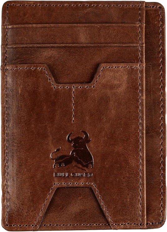 BULL GUARD Mens RFID Blocking Leather Slim Card Case Wallet with Easy Access ID windows, Cash & Card Slots, Crafted with Premium Top Grain Leather Ideal for Travel or Everyday Use (Forest Brown)