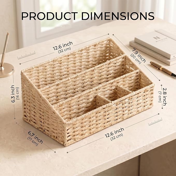 Rattan Mail Organizer - Countertop, Desk, Bills, Woven Basket, Magazine Holder, Mail Sorter, Hobo Organizer，Beige