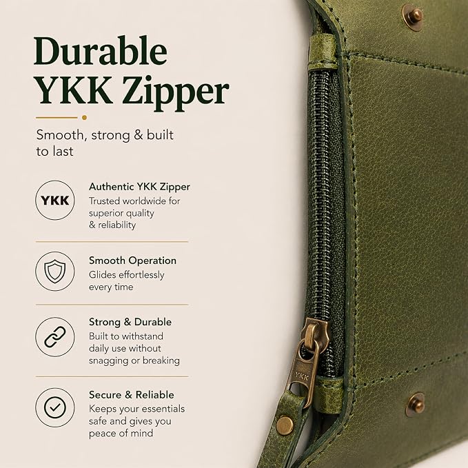 Leather Currency Pouch - Handmade Cash Organizer with Double Button Closure & Zipper Pocket, Compact Money Holder for Travel & Everyday Use, 4 x 8 Inch (Green)