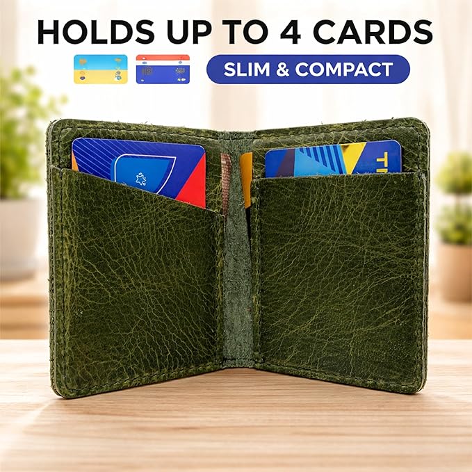 Genuine Leather Bifold Card Holder Wallet for Men & Women Slim Minimalist Front Pocket Credit Card Wallet, Compact Travel & Everyday Carry - Forest Green