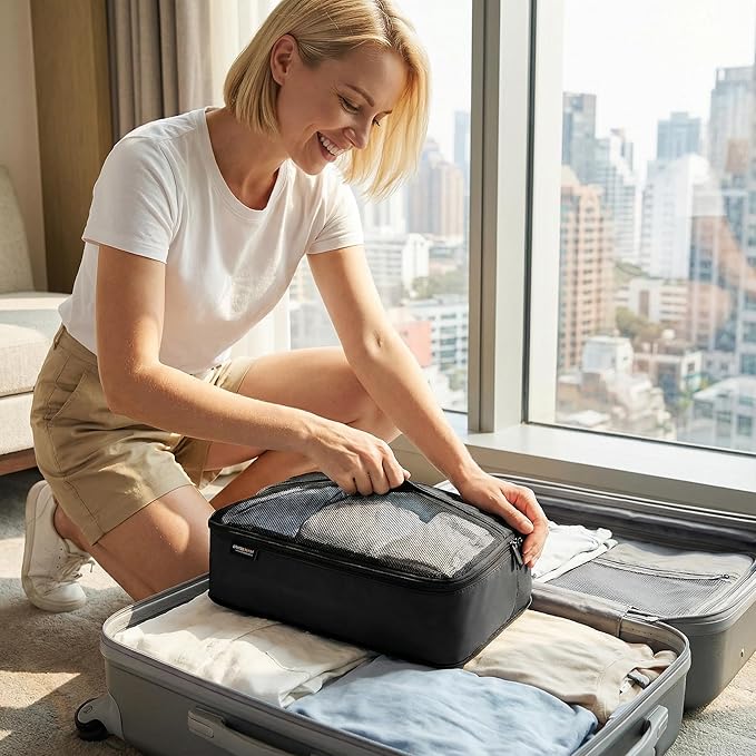 4 Piece Compression Packing Cubes for 3–7 Day Travel, Lightweight Travel Organizers with Breathable Mesh, Double-Zipper Packing Cubes for Carry-On & Suitcases (Jet Black)