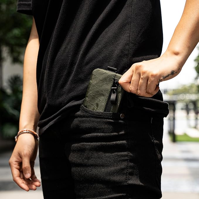 ALPAKA Zip Pouch Dark Green X-Pac- RFID-Blocking Small Cash and Card Zip Wallet with Carbon Neutral, Weatherproof Fabrics, YKK Zipper, EDC Pouch for Men Travel