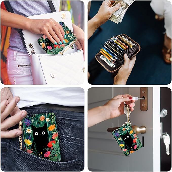 Credit Card Holder RFID Wallet, Small Card Holder Wallet for Women with Keychain Zipper, Funny Leather Print Credit Card Wallets Accordion Gift
