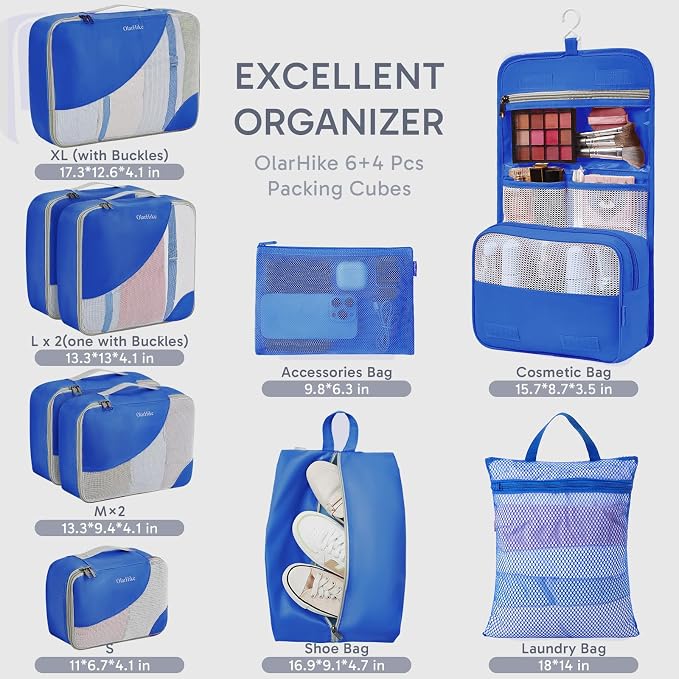 OlarHike 10 Set Packing Cubes for Travel, Gifts for Women Mom,Anti-Tearing Suitcase Organizer with Over 1000 pcs Mesh Holes,Vacation Essentials & Accessories for Cruise Ship