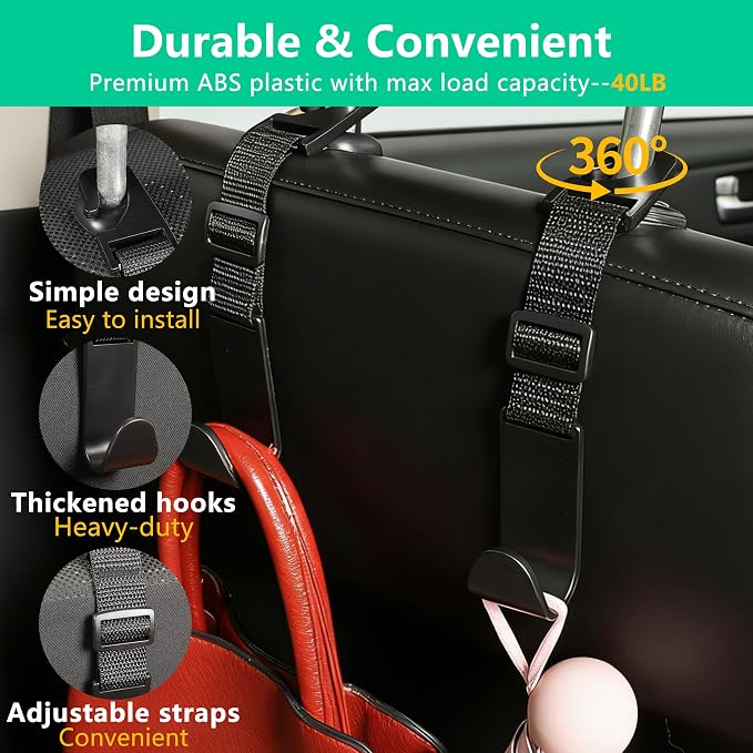 Amooca Adjustable Car Headrest Hooks, 4 Pack Universal Fit Vehicle Seat Back Organizer Hanger for Purse, Bags & Groceries, Black