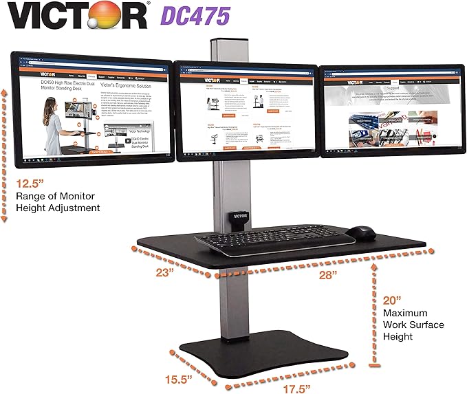 Victor DC475 High Rise Electric Triple Monitor Standing Desk Converter | Three Large Monitor Sit-Stand Desk | 28??Wide Work Surface | Compatible with Any Standard Desk | Adjustable Monitor Holder
