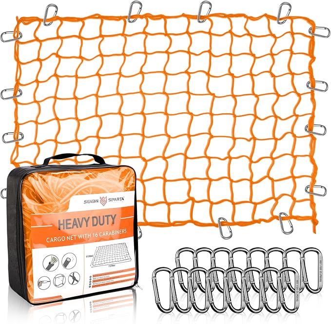 Seven Sparta 5’ x 7’ Bungee Cargo Net Stretches to 10' x 14' for Truck Bed, Pickup Bed, Trailer, Trunk, SUV with 16 Bonus D Clip Carabiners Car Organizer Net for Large Loads (Orange, 5'x7')