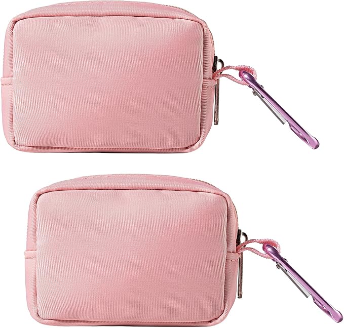 2-Piece Mini Pouch with Carabiner Clip, Unisex Small Organizer Case for Electronics, Makeup, and Accessories (Pink)