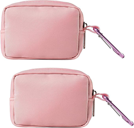 2-Piece Mini Pouch with Carabiner Clip, Unisex Small Organizer Case for Electronics, Makeup, and Accessories (Pink)