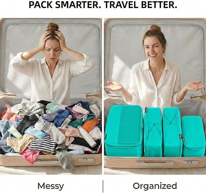 4 Piece Compression Packing Cubes for 3–7 Day Travel, Space Saving Travel Organizers with Breathable Mesh, Double-Zipper Packing Cubes for Carry-On & Suitcases (Teal)