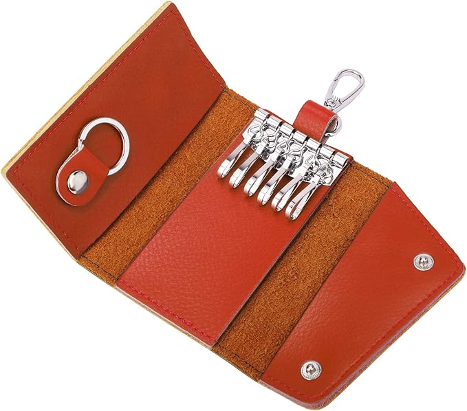 BAKUN Compact Leather Car Key Case, Key Holder Key Organizer Wallet, With 6 Hooks(Orange)