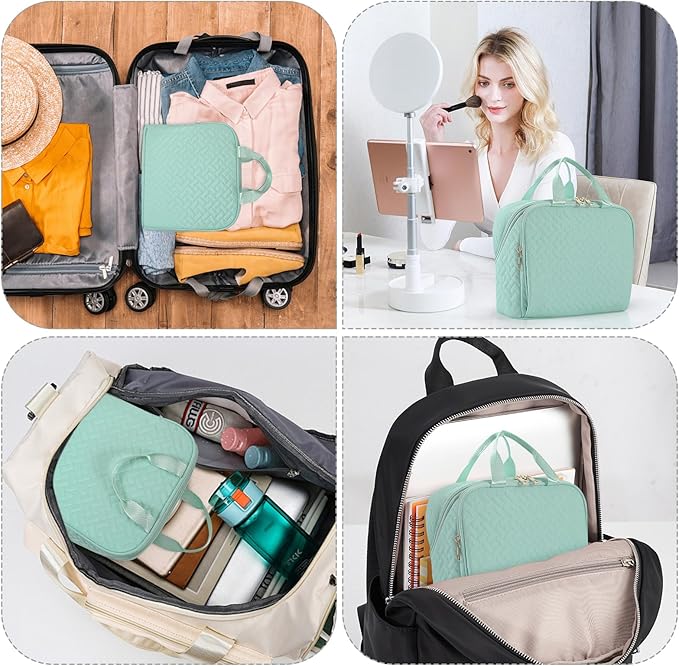 Standing Makeup Bag, Large Capacity with Room for Brushes and Mirror, Travel Makeup Organizer, Portable Stand Up Make Up Case, Waterproof Cosmetic Toiletry Bags with Handle, Color Sage Green