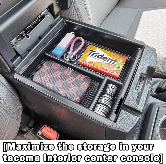 TACOBRO Center Console Organizer Compatible with Toyota Tacoma Accessories 2016 2017 2018 2019 2020 2021 2022 2023, Interior Armrest Insert Tray Underseat Storage Box, Black Trim