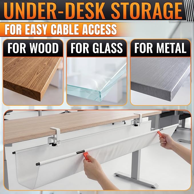 Under Desk Cable Management Tray 48" — No Drill Clamp-On Cord Organizer for Desk with Built-in Ties, Heavy Duty Metal Clamp, Foldable 600D Oxford Fabric for Home Office, WFH & Gaming PC Setup (White)