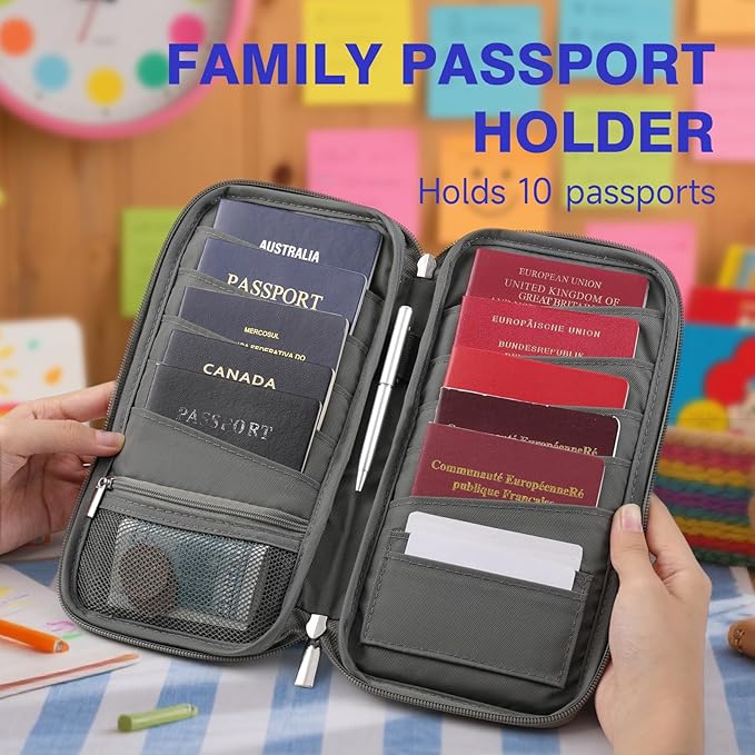WALNEW Passport Holder Travel Family for 10, RFID-Blocking Wallet and Document Organizer Passports with Zipper, for Cards, Boarding Passes, Money, Tickets, Travel Essentials, Gray