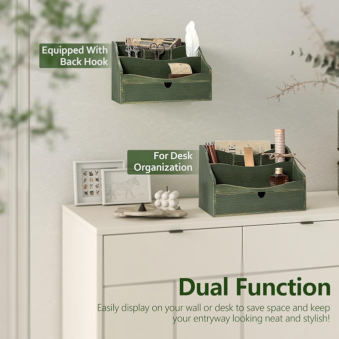 Rebee Vision Pine Wood Mail Organizer for Desk - Charming Farmhouse Mail Holder Organization with Drawer & Dividers - 4-Slot for File & Jewelry Sorter, Mail Organizer Countertop for Home Decor(Green)