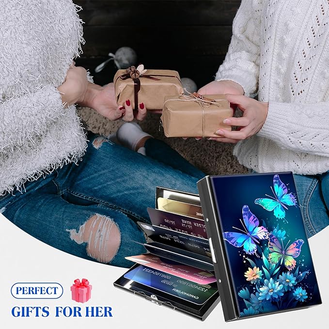 RFID Blocking Credit Card Holder - Slim Metal Wallet for Women & Men,Blue Butterflies Flowers Design Stainless Steel Business Card Case,Compact Pocket Organizer for Travel & Daily Use