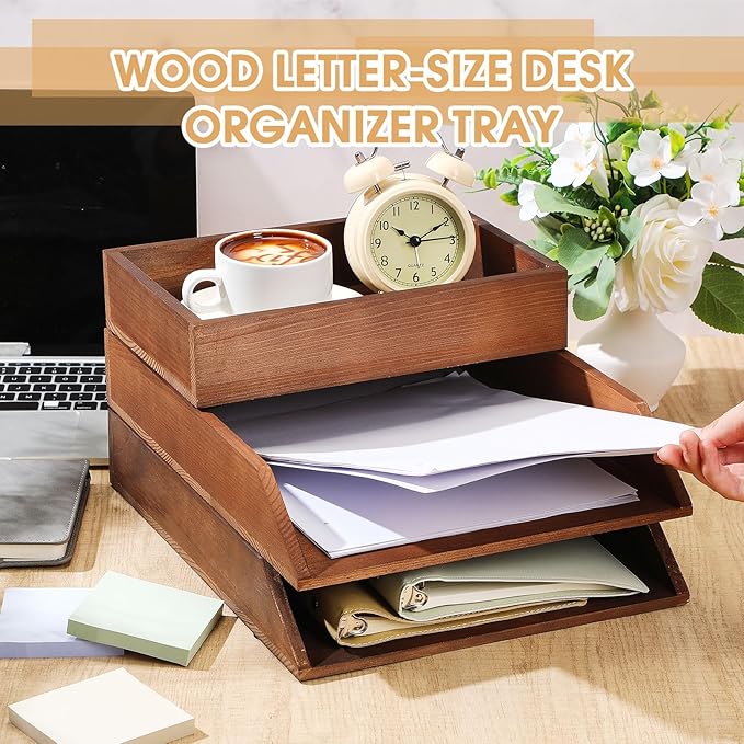 Beeveer 3 Pcs Wooden Letter Tray Stackable Document Desk Letter Tray 3 Layer Desktop Paper Organizer Heavy Duty 3 Tier Support Tabletop Inbox Drawer File Folder Back to School Office Home(Brown)
