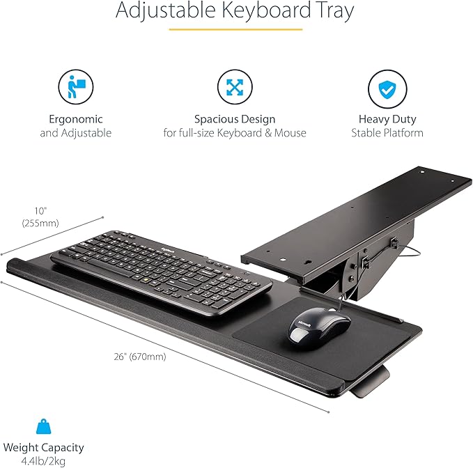 StarTech.com Under Desk Keyboard Tray - Full Motion & Height Adjustable Keyboard and Mouse Tray, 10"x26" Platform - Ergonomic Desk Mount Computer Keyboard Tray with Mouse Pad & Wrist Rest (KBTRAYADJ2)