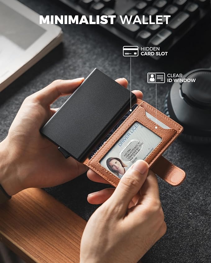 VULKIT Slim Bifold Pop up Wallet Minimalist Leather Card Holder RFID Blocking Metal Card Case with ID Window for Women | with Leather Slots, RFID Blocking, Slim, Metal Card Case