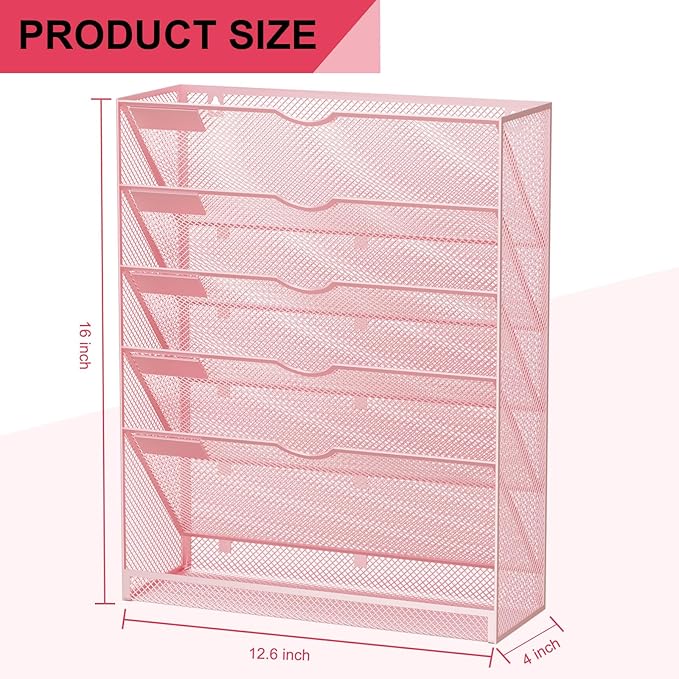 Hanging Wall File Organizer 6 Tier Wall Mounted Mail Paper Folder Holder Document Organization Stand, Vertical Desk Magazine Rack for Office Home Cubicle Countertop, Pink