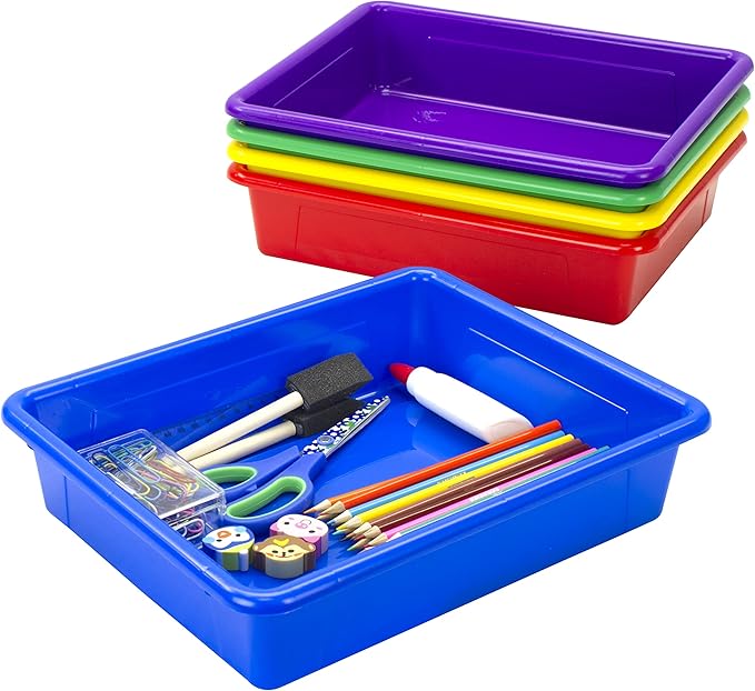 Storex Letter Size Flat Storage Tray – Organizer Bin for Classroom, Office and Home, Assorted Colors, 5-Pack (62514A05C)
