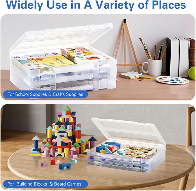 Denkee 8 Pack A4 Paper Organizer Box, Plastic Board Game Storage for Art Supplies 8.5" x 11" US Letter, Portable Scrapbook Paper Organizer Containers for Craft and Arts Storage (2 Inner Size)