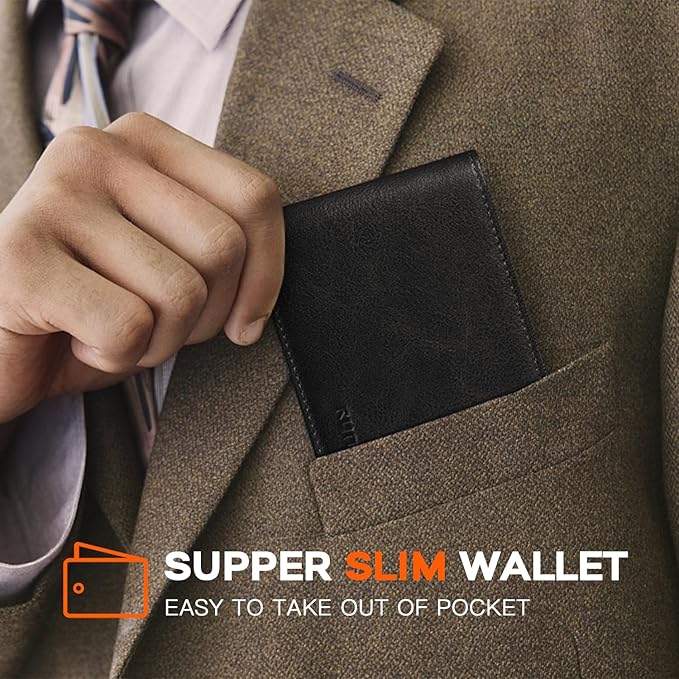 RUNBOX Wallet for Men Slim Leather Bifold RFID Blocking Minimalist Front Pocket Design with Gift Box