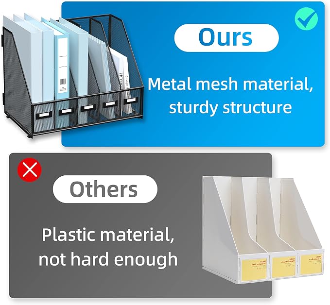 SUPEASY Desk Organizers Metal Desk Magazine File Holder with 5 Vertical Compartments Rack File Organizer for Office Desktop, Classroom, Home Workspace, Black