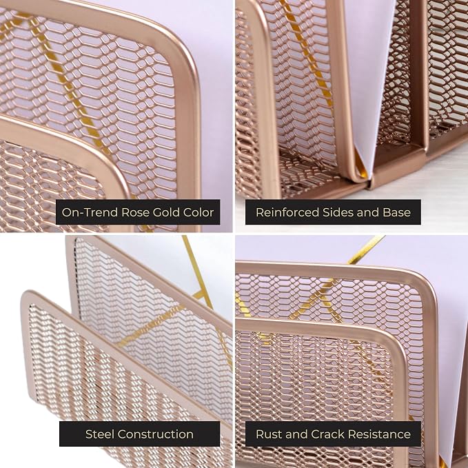 BLU MONACO Rose Gold Metal Mesh Letter Sorter | 3-Slot Vertical Mail Organizer for Desk, Office and Home | Compact Mail Holder for Envelopes, Documents and Files | Modern Desktop Organizer