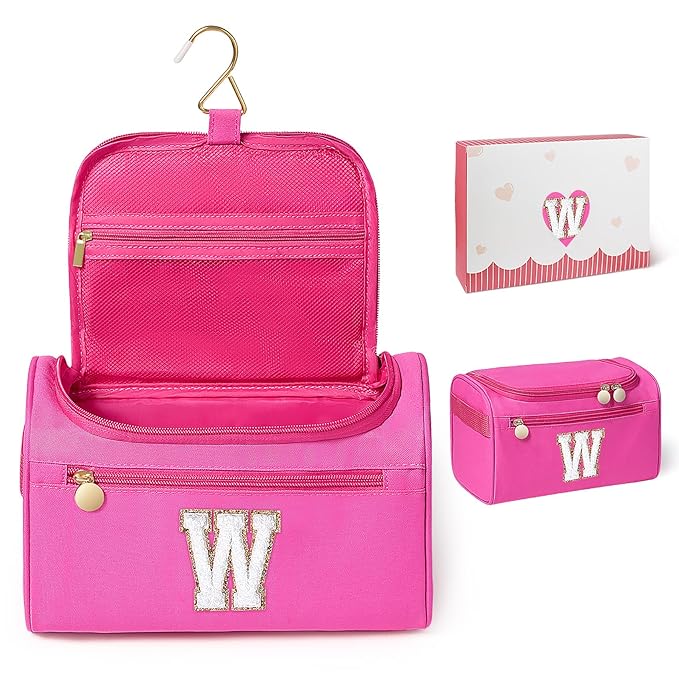 COSHAYSOO Initial Girls Hanging Toiletry Bag Tween Preteen Teenager Easter Birthday Gifts Basket Stuffers for Teen Girl 10-12 12-14 16-18 Travel Trip Favors College Dorm Essentials Pink Letter W