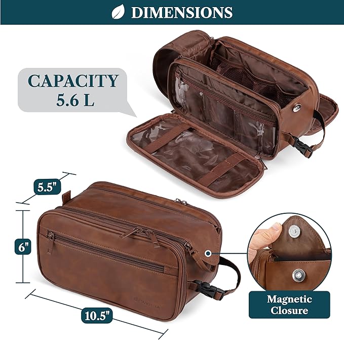 PAVILIA Toiletry Bag for Men, Hanging Travel Dopp Kit Organizer, PU Leather Water Resistant Bathroom Bag for Shaving Grooming, Large Capacity Cosmetic Bag Travel Essentials, Brown