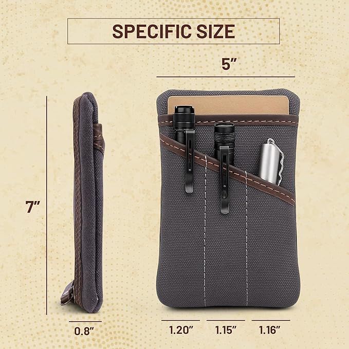 Waxed Canvas EDC Pocket Organizer for Men - Multi-Tool Back Pocket Pouch for Phone/Notebook, Pen, & EDC Gear - Water-Repellent Leather Tool Pouch, Sizes: 6” x 4” & 7” x 5”