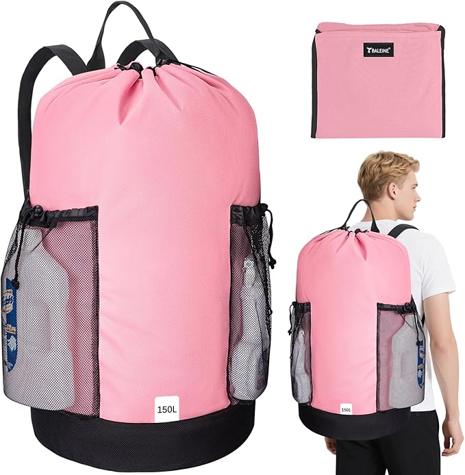 BALEINE 2PK 150L Laundry Bag Backpack, 900D Oxford Fabric Large Travel Laundry Bags with Shoulder Straps and 2 Mesh Pockets for College Dorm, Apartment, Laundromat (Pink, 150L)