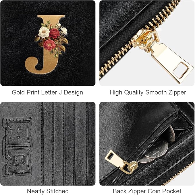 Passport Holder Cover Wallet with Zipper Personalized Initial Letter J Rose Flower RFID Blocking Travel Wallets Credit Cards Holder for Women, Gift for Wife and Girlfriend,J