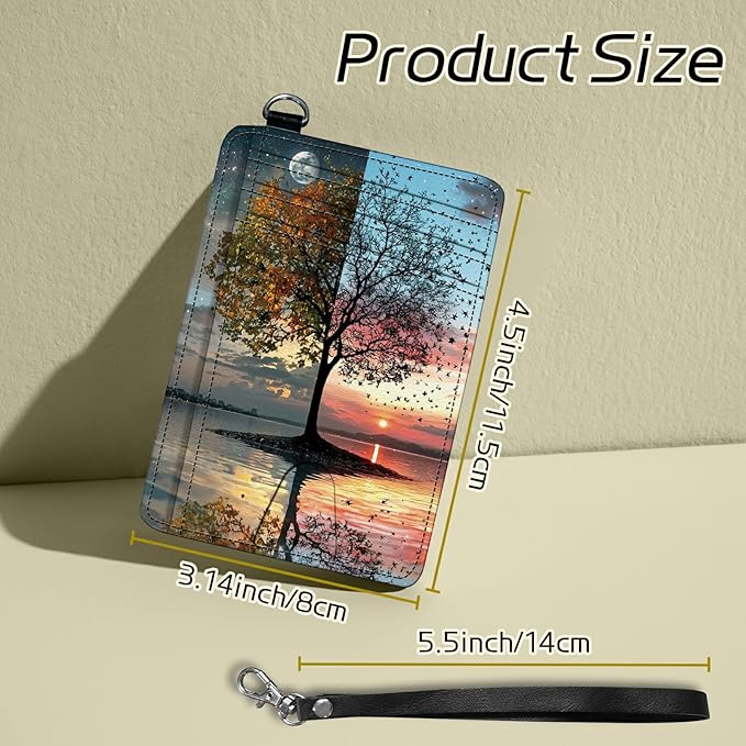 Small Travel Wallets, Day and Night Art Tree Slim Minimalist Front Pocket Wallet with Wristlet, RFID Blocking PU Leather Credit Card Holder with ID Window Change Purse for Men Women