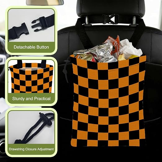 Car Garbage Bag Black Orange Checkered Drawstring Car Trash Bag Hanging for Back Seat with Adjustable Buckle Canvas Vehicle Trash Can Easy-to-Install for Car Accessories Vehicle Travelling Camping