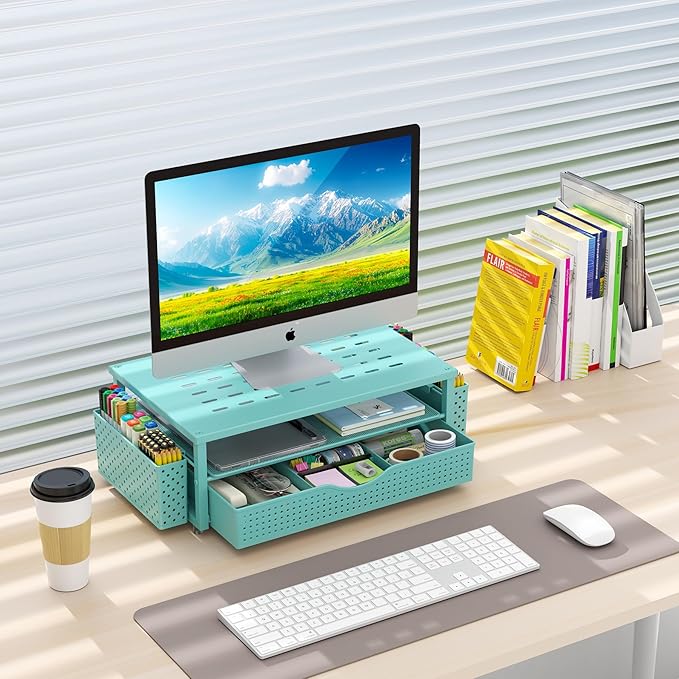 gianotter 4-Tier Paper Letter Tray + Monitor Stand with Storage (Blue)