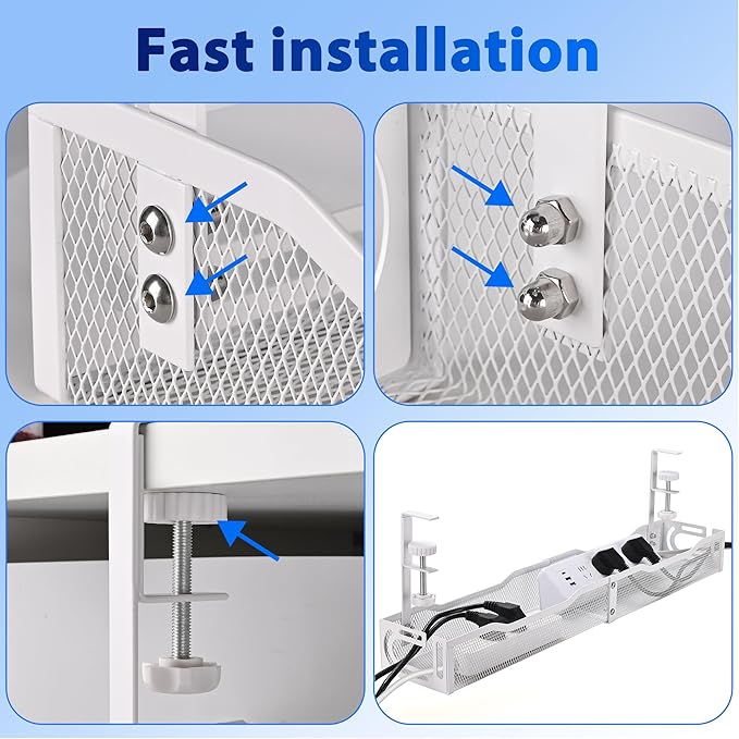 Under Desk Cable Management Box 25.3 Inch – Clamp-Mounted Cable Organizer Tray, Large Cord Management Box for Office & Home, Wire Organizer Under Desk Storage, White