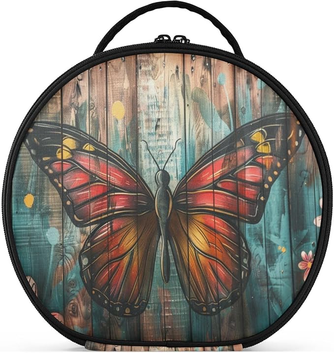 senya Round Cosmetic Pouch Travel Makeup Train Case Butterfly Wooden Makeup Organizer Bag with Adjustable Dividers Portable for Cosmetics Makeup Brushes Toiletry Jewelry Accessories