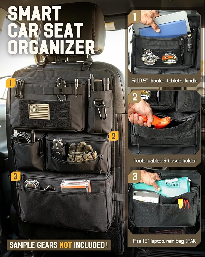 All in One Car Seat Back Organizer, Heavy Duty Molle Panel Seat Back Protector with Multi-Pockets Storage for Tools, Camping, Travel, Fit Most Cars SUV Trucks Jeeps Pickups