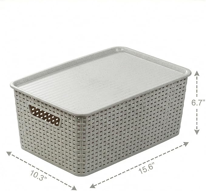 BINO | Plastic Storage Baskets with Lids, 15.5 Liter - 3 Pack, Natural Grey | THE WOVEN COLLECTION | Storage Basket for Shelves | Woven Storage Baskets for Organizing Bins | Pantry Shelf Organizer Bin