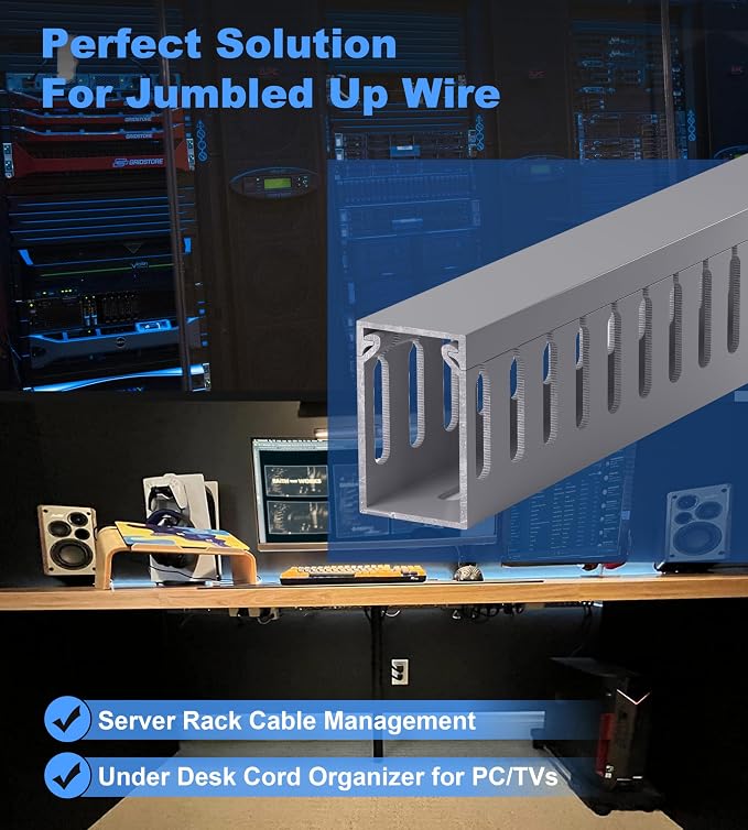 ZhiYo H1.6in W1in Professional Server Rack Cable Management Raceway, 132in (8 x L16.5in) Cable Raceway Kit, Electrically Safe PVC Open Slot Wire Raceway for Under Desk/Computer/Network Cords, Grey