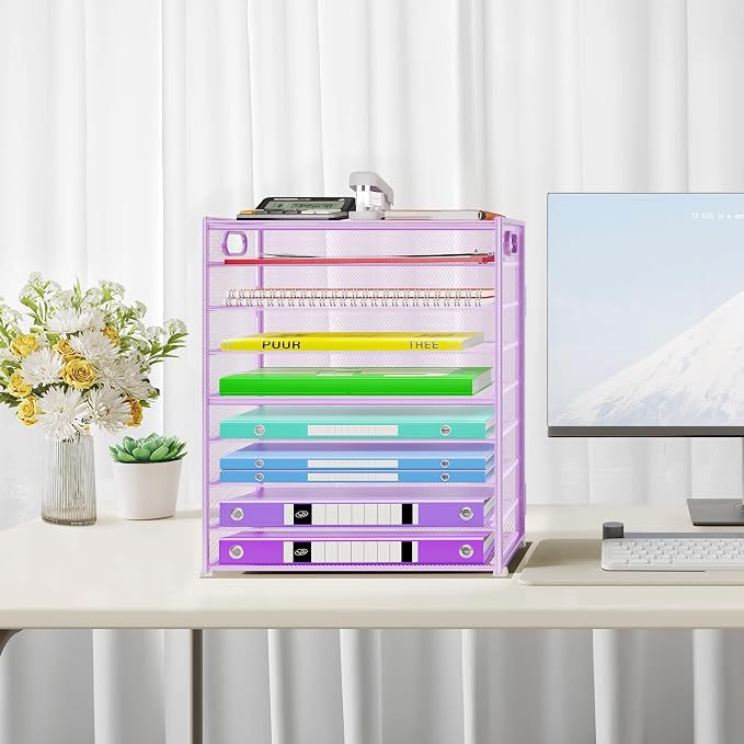 Cawukege 9 Tier Paper Organizer with Handle, 2 Pack Large Capacity Desk Organizer Mesh Paper Letter Tray File Folder Document Sorter for Classroom and Office Accessories Organization- Purple