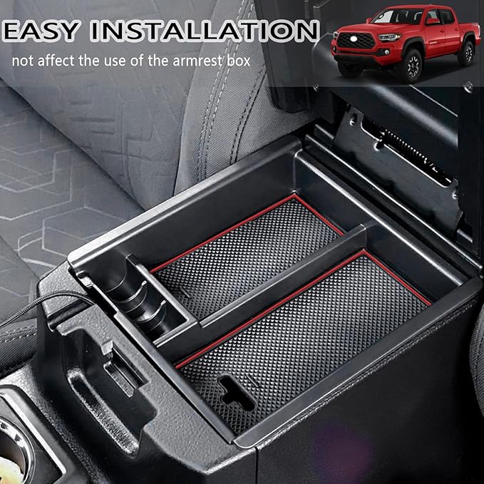 JDMCAR Center Console Tray Organizer Compatible with Toyota Tacoma Accessories 2016-2022 2023, Armrest Insert Container ABS Material Secondary Storage Box-(Red Trim)