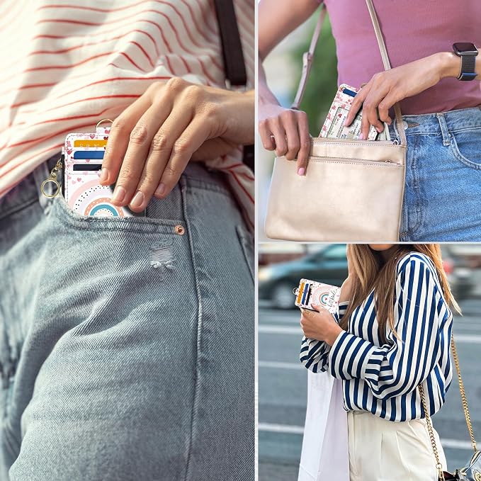 Slim Wallet Credit Card Holder, Rainbows A, RFID Wallet Women Cute Small Front Pocket Wallet With Zipper, PU Leather Thin travel RFID Blocking Card Case ID Window,Ladies Gifts
