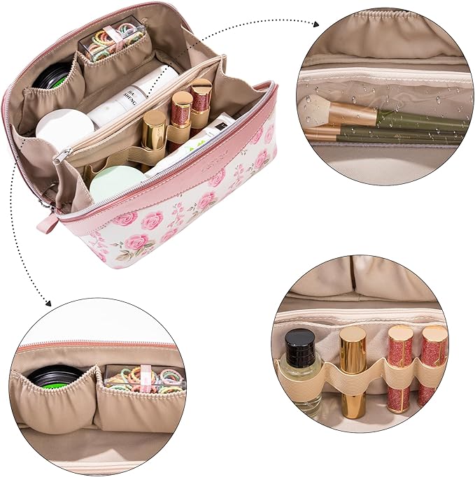 Mrsdry Travel Makeup Bag，Large-capacity waterproof cosmetic bag，Travel bags and toiletries bags for women，PU leather material，Multi-zone and large opening design (Rose Gold flower)