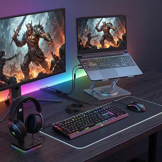 360 Rotating Aluminum Laptop Stand, Adjustable & Foldable Ergonomic Computer Stand, Compatible with MacBook, iPad, Dell, HP up to 16 Inches for Home & Office, Gray