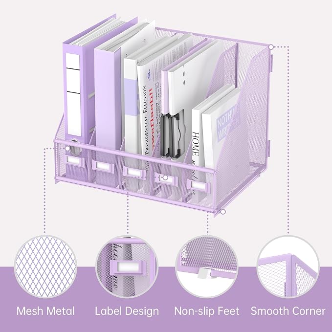 SUPEASY Desk Organizers Metal Desk Magazine File Holder with 5 Vertical Compartments Rack File Organizer for Office Desktop, Classroom, Home Workspace, Purple Plus
