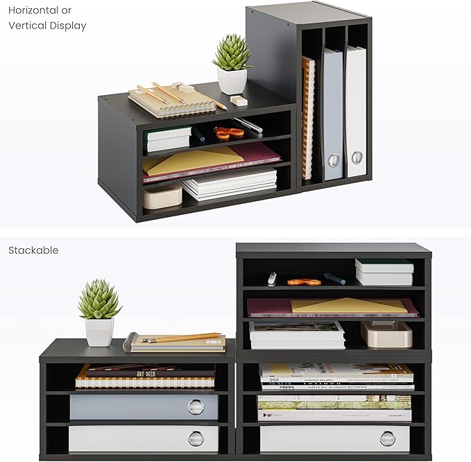 Ballucci File Organizer, 3-Tier Document Paper Sorter, Stackable Wood Desk Organizer, Mail Sorter and Monitor Stand with Storage Shelves, Black